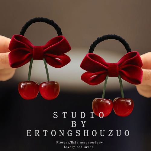 新年儿童发圈丝绒蝴蝶结樱桃宝宝发绳高弹力皮筋拜年头绳女童发饰