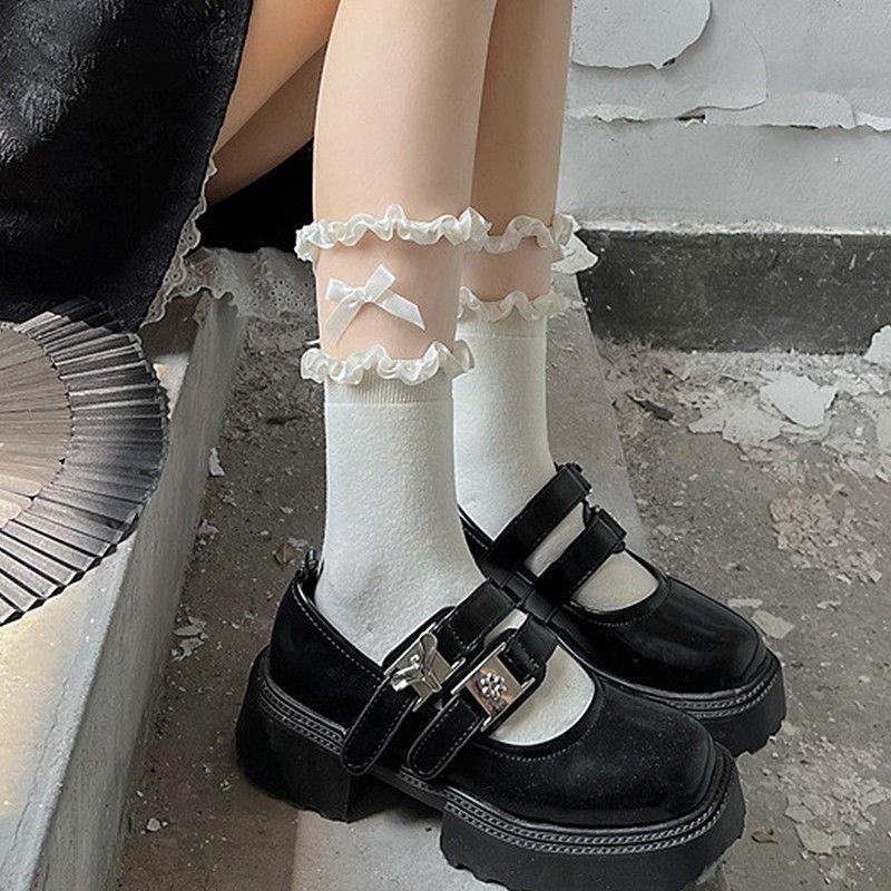 日系蕾丝花边蝴蝶结jk袜子春秋薄款洛丽塔卷边中筒袜D3