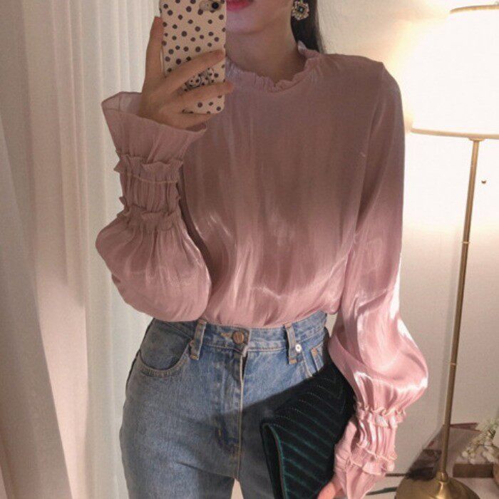 韩国ins风 复古气质喇叭袖光泽感长袖衬衫女敲爱这个花边领打底衫|ruв категории Женская одежда, рубашка - от Buy2taobao.com для оказания профессиональной услуги покупки агента Taobao