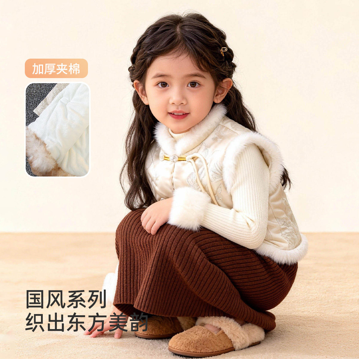 新中式风儿童唐装马甲女童毛绒领盘扣刺绣背心中式拜年服儿童马甲,童装/婴儿装/亲子装,马甲,淘宝优惠券,粉丝福利购,淘宝优惠卷