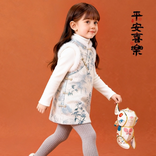 中式宋锦女童夹棉马甲秋冬保暖立领中国风坎肩加厚儿童衣服中长款