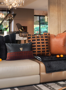 现代轻奢客厅抱枕橙色系高端意式组合靠枕样板间别墅大厅高级抱枕