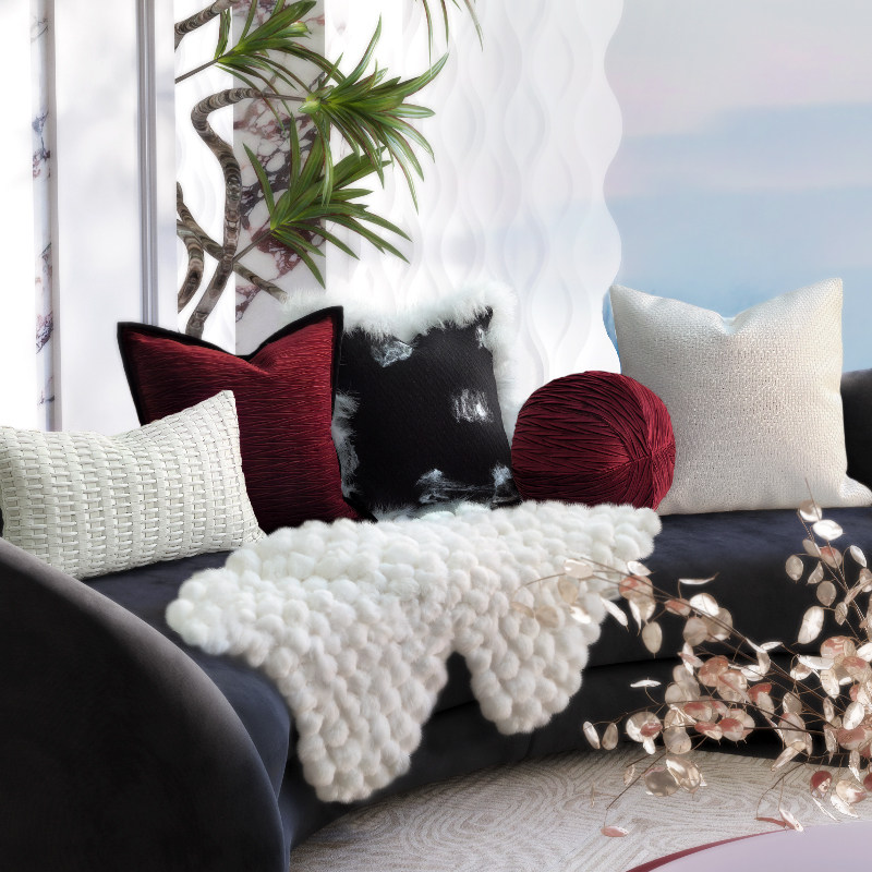 中古风客厅复古抱枕酒红色绒布靠枕羽毛高端抱枕球球搭毯组合抱枕,居家布艺,靠垫/抱枕,淘宝优惠券,粉丝福利购,淘宝优惠卷