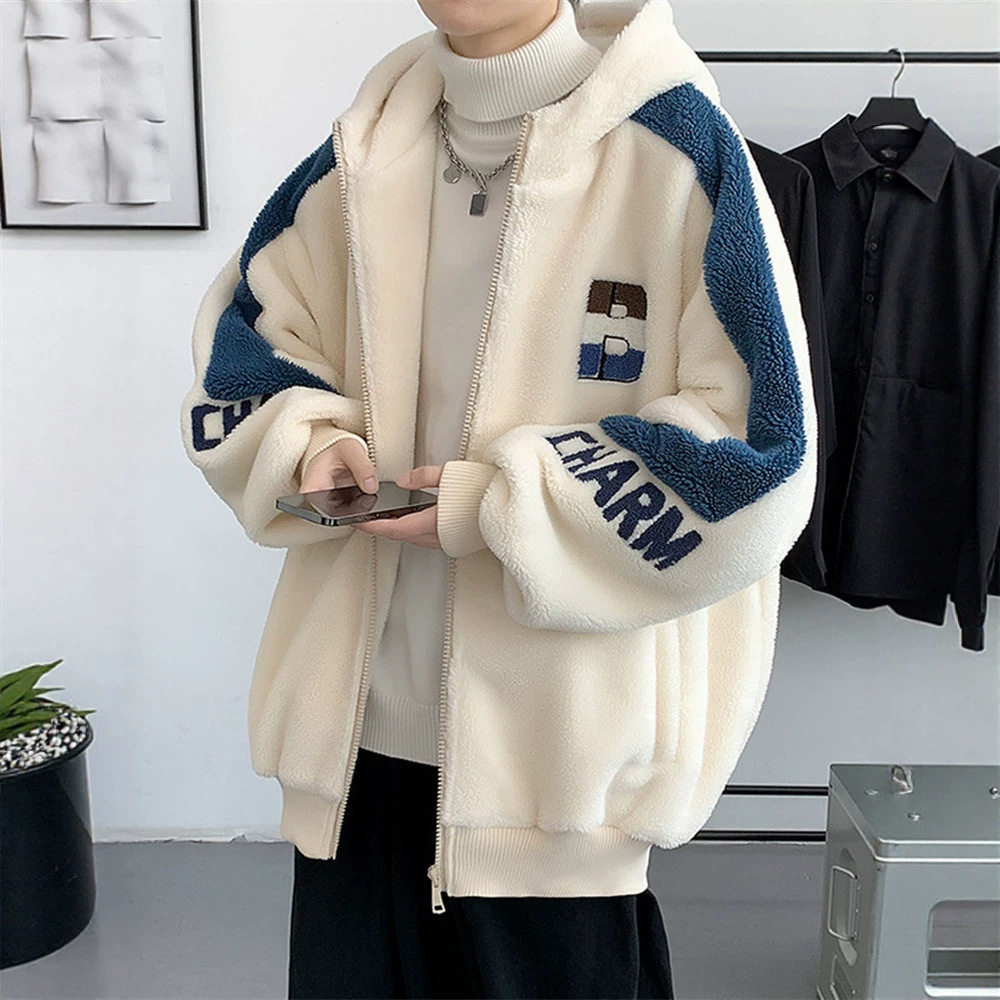 青少年羊羔毛绒外套男款冬季加绒厚连帽潮保暖初高中大学生棉衣服