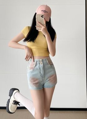 美式复古做旧高腰牛仔裤女2026夏季新款扎染三分辣妹显腿长a字裤