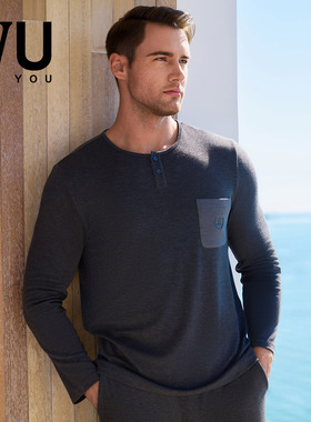 安莉芳旗下IVU男士莫代尔圆领长袖睡衣舒适可外穿家居上装UL00142