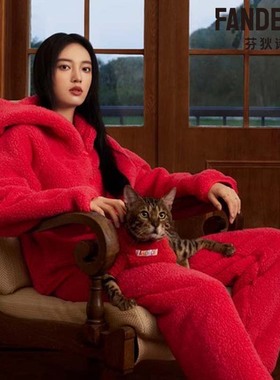 芬狄诗羊羔绒女士秋冬保暖睡衣可外穿连帽家居服套装FL00460