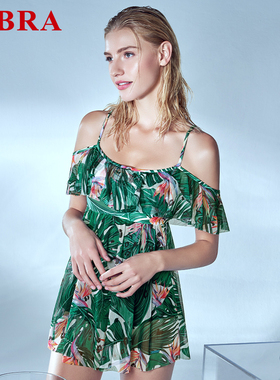 安莉芳旗下E-BRA女士泳衣一字肩荷叶边印花裙式连体泳装KSR0005