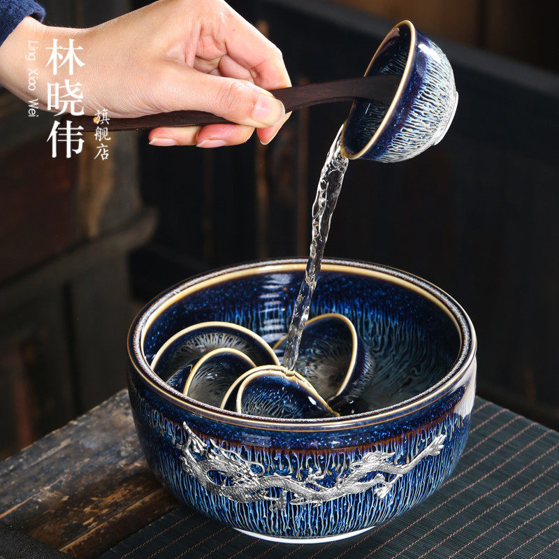 镶银天目釉窑变茶洗建盏曜变水洗碗陶瓷大号容量拉丝兔毫茶具杯洗