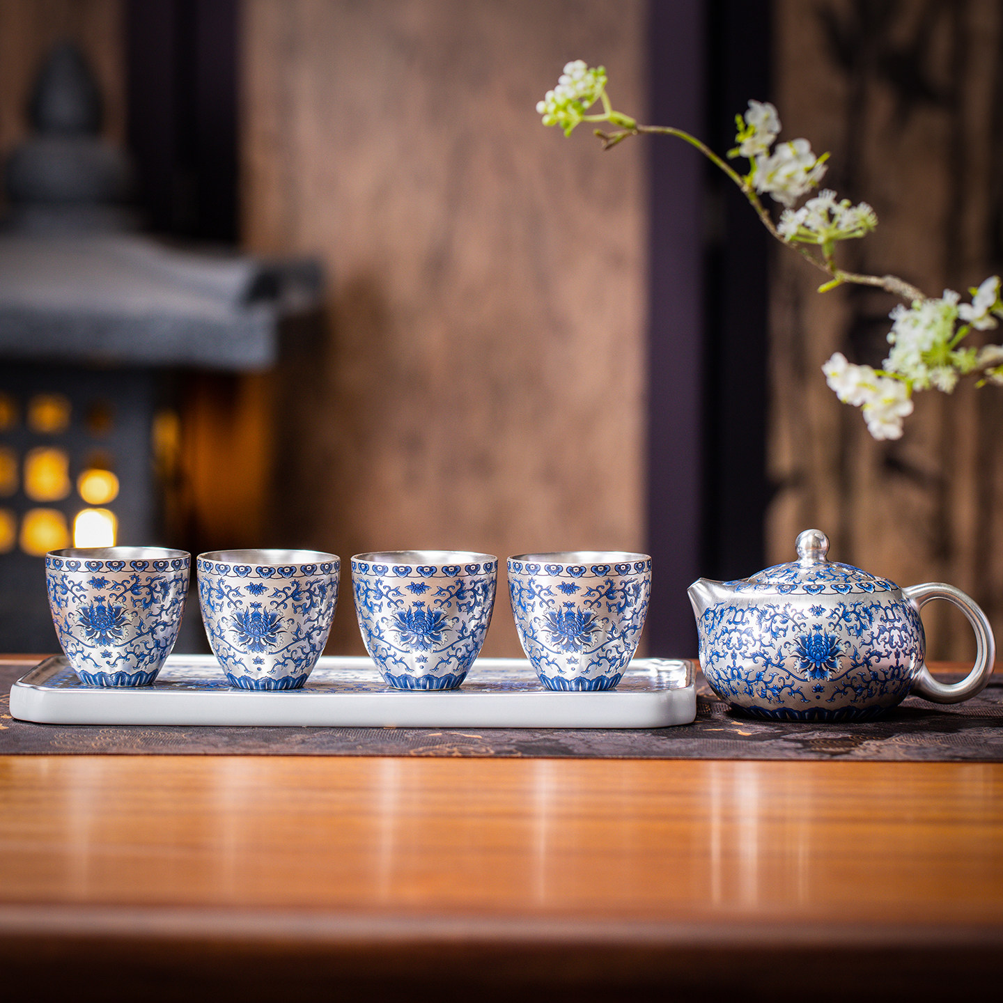 鎏银缠枝莲茶具套组家用高颜值陶瓷功夫茶具中式敦煌蓝韵高档茶器