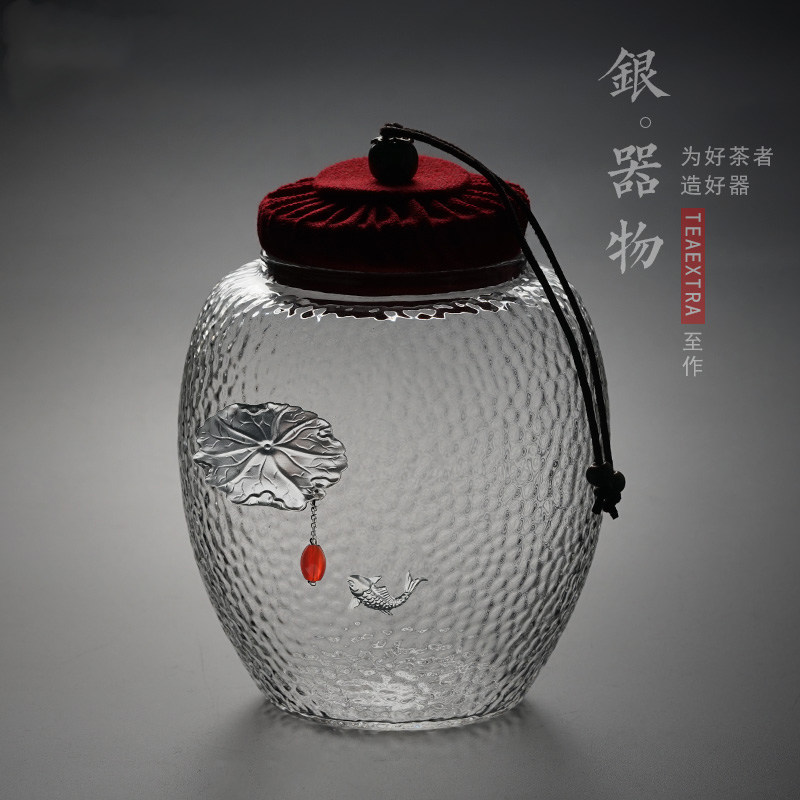 林晓伟镶纯银玻璃透明茶叶罐花茶红茶密封罐家用防潮储物罐醒茶罐