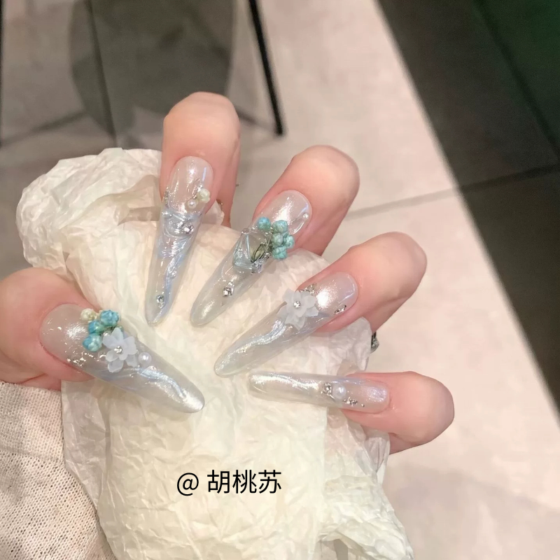 【花语锦饰】满天星高级流光飘带美甲蓝色花球渐变猫眼穿戴甲甲片