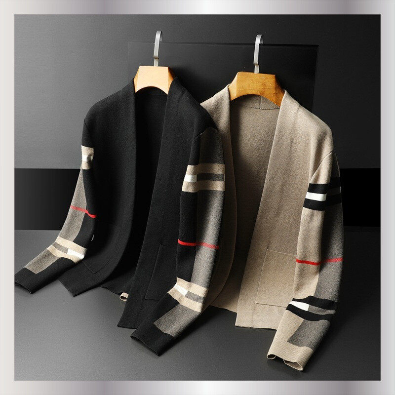 男装针织开衫毛衣修身秋季欧洲站V领格子线衣外套男欧货修身显瘦