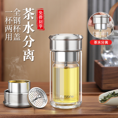 繁简双层玻璃水杯男2025新款茶水分离杯带盖子家用耐高温泡茶杯专