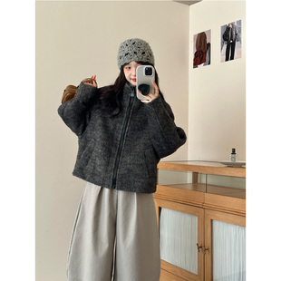 灰色双面羊毛立领毛呢外套女冬季新款高级感气质短款加厚呢子大衣