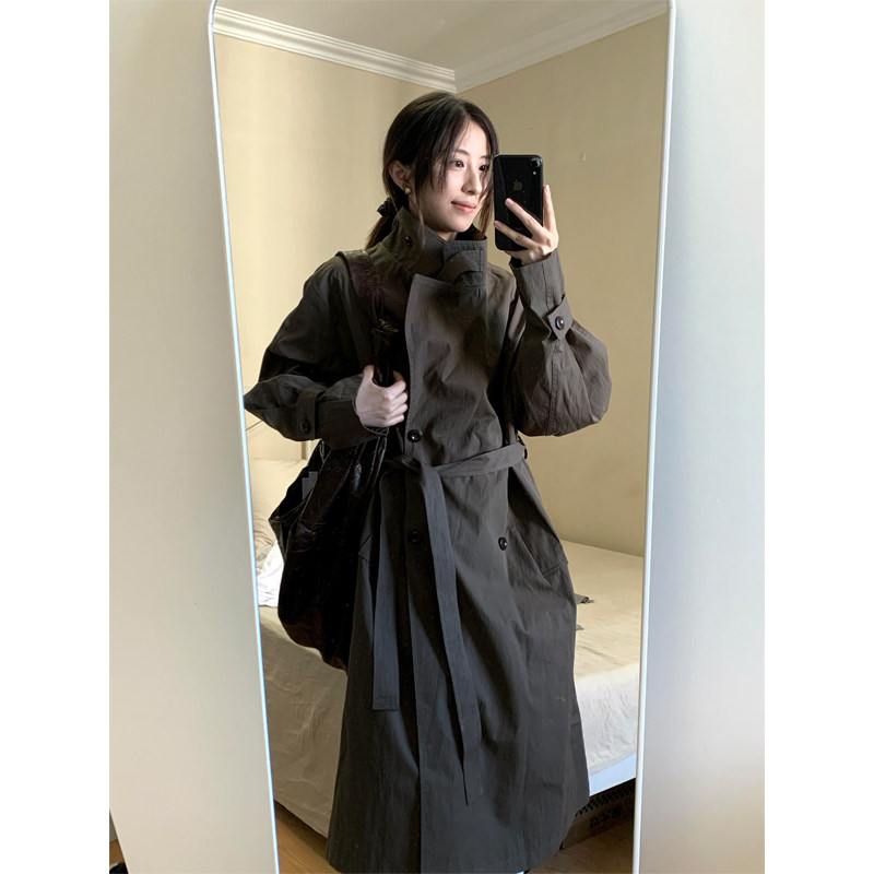 慵懒风美式简约中长款双排扣风衣外套女2026秋季新款小个子长大衣