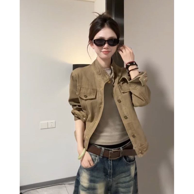 立领牛仔外套女修身短款工装夹克图片