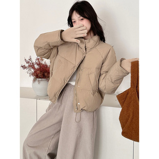 高级感卡其色立领羽绒服女冬季新款韩系小个子90白鸭绒短款面包服
