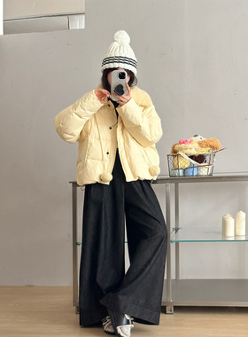 韩系设计感羊羔毛拼接黄色羽绒服女冬小个子2025新款90白鸭绒外套
