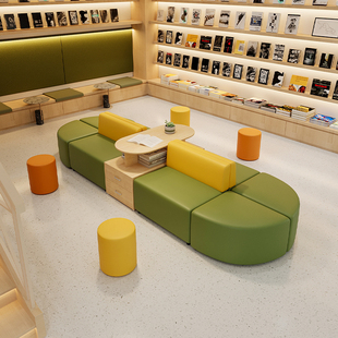 图书馆阅览室卡座书柜双面沙发接待休息区异形沙发等候茶几组合