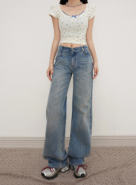 HDDD美式复古低腰宽松直筒裤不规则腰设计百搭显瘦牛仔裤女
