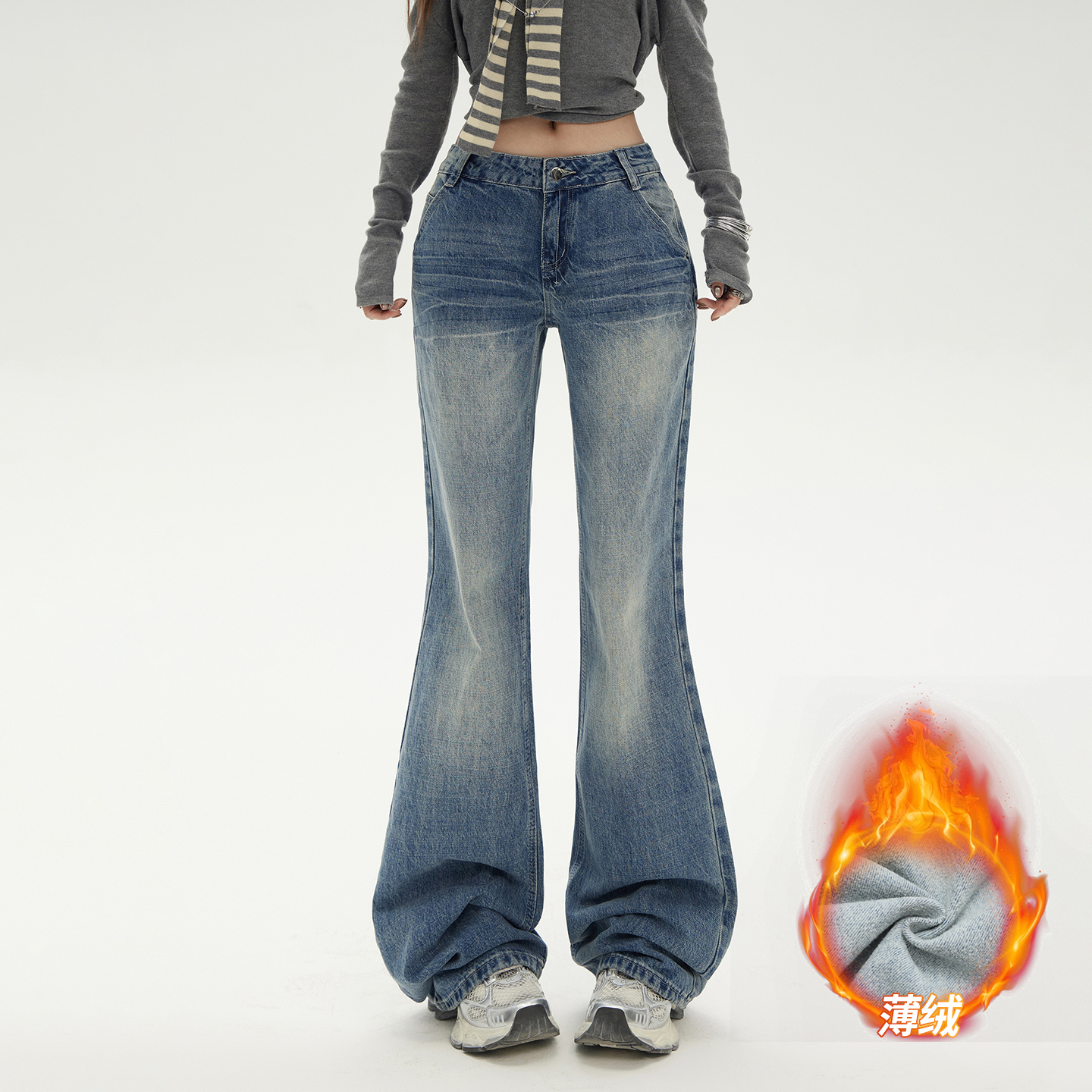 HDDD低腰辣妹美式复古喇叭裤百搭显瘦拖地直筒牛仔裤秋冬新款加绒