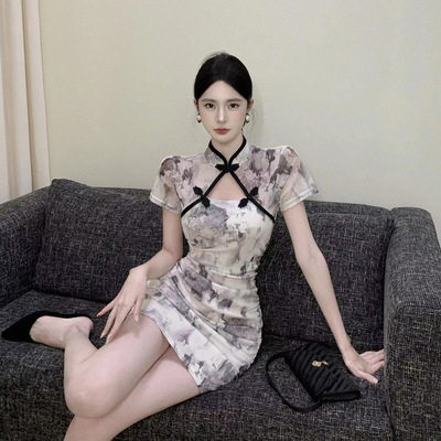 新中式旗袍款盘扣褶皱镂空连衣裙女夏小个子复古性感甜辣包臀短裙