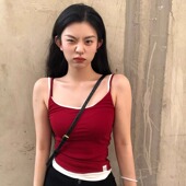 纯欲辣妹假两件红色吊带背心女夏季 显瘦设计感休闲百搭上衣潮 修身