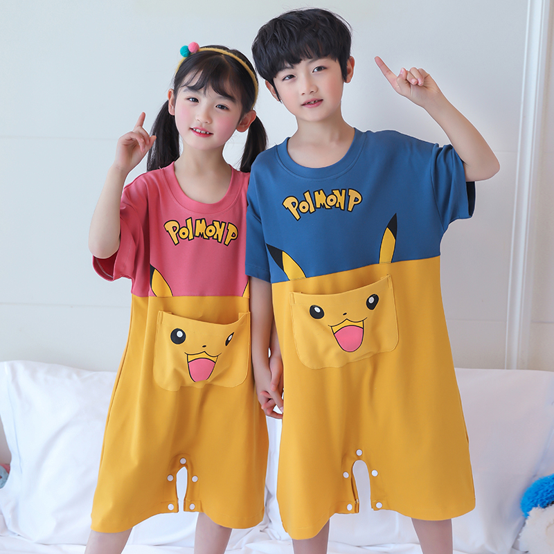 儿童连体睡衣夏季纯棉短袖恐龙睡袋小男孩宝宝中大童女童家居服薄