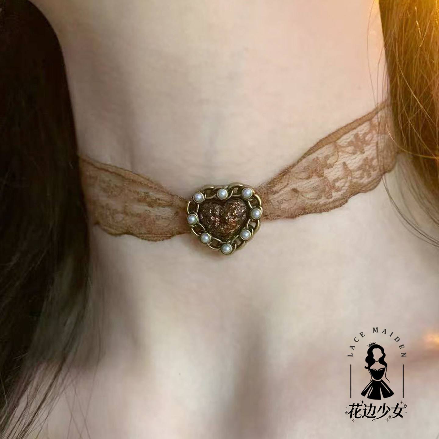 咖色蕾丝中古choker颈链女复古珍珠爱心吊坠锁骨链百搭项圈颈环带,服饰配件/皮带/帽子/围巾,指环,淘宝优惠券,粉丝福利购,淘宝优惠卷