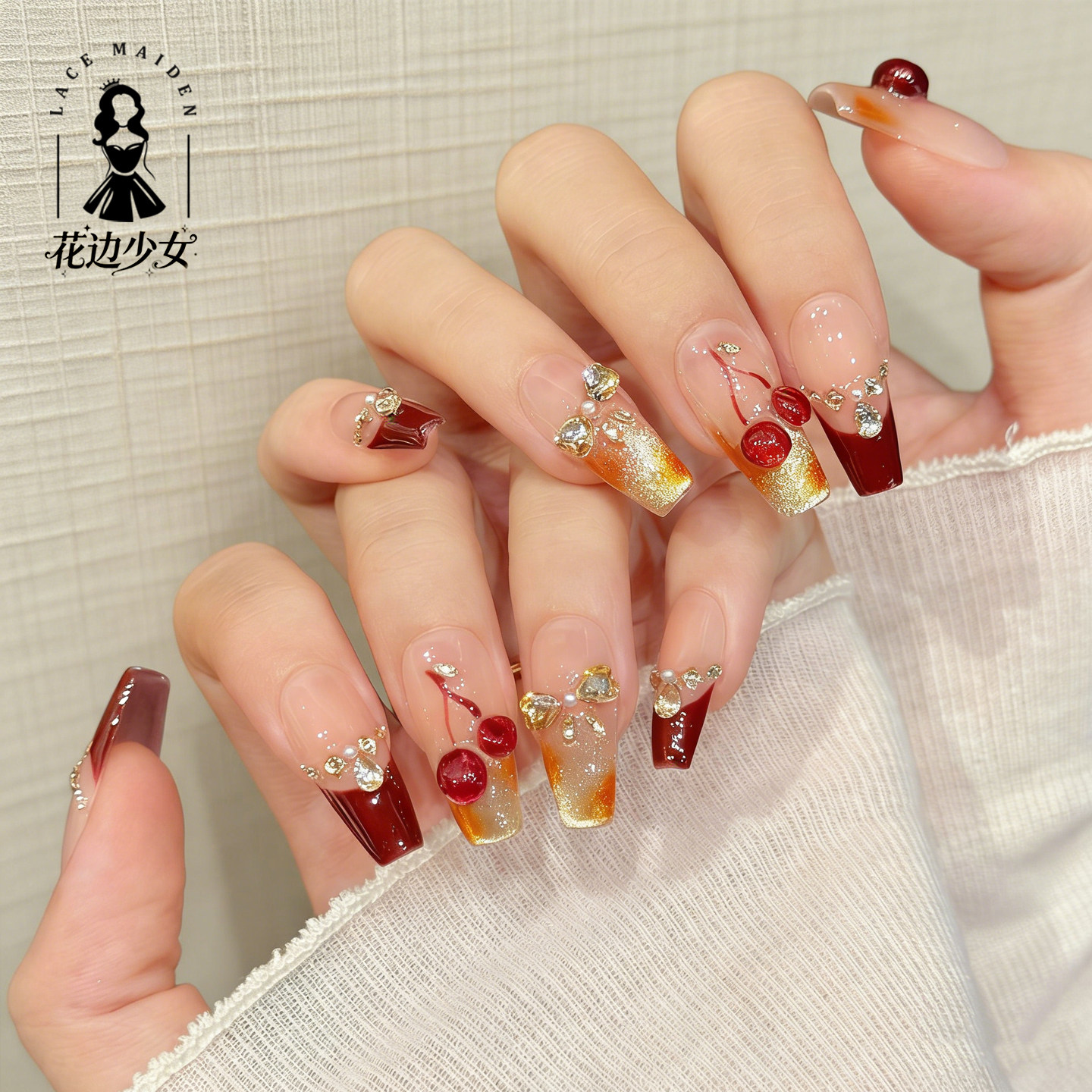 【樱酒鎏光】樱桃酒红美甲闪钻装饰琥珀猫眼甜欲显白纯手工穿戴甲