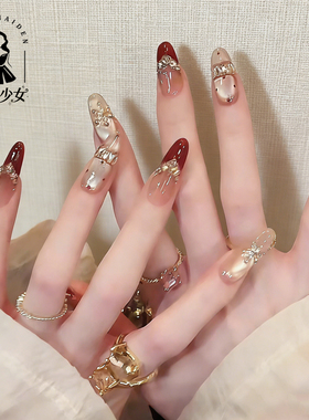 【红晶奢透】纯手工穿戴甲新款红色锆石镶钻高级显白纯手作美甲片