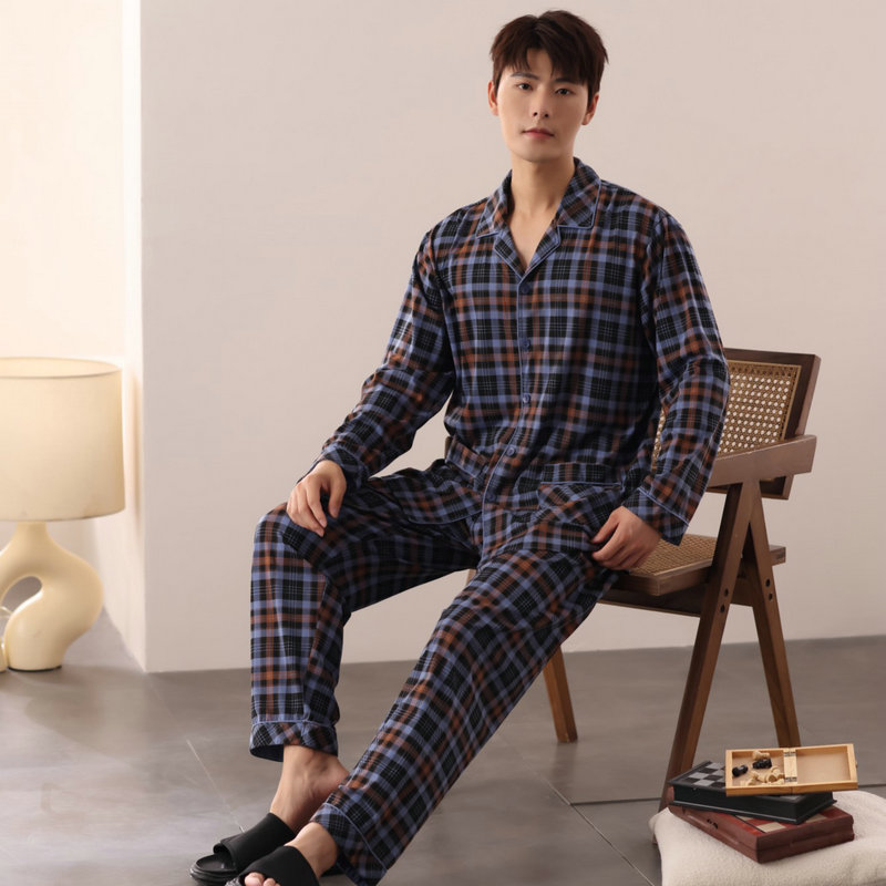 佐雅男棉莱卡格纹家居服