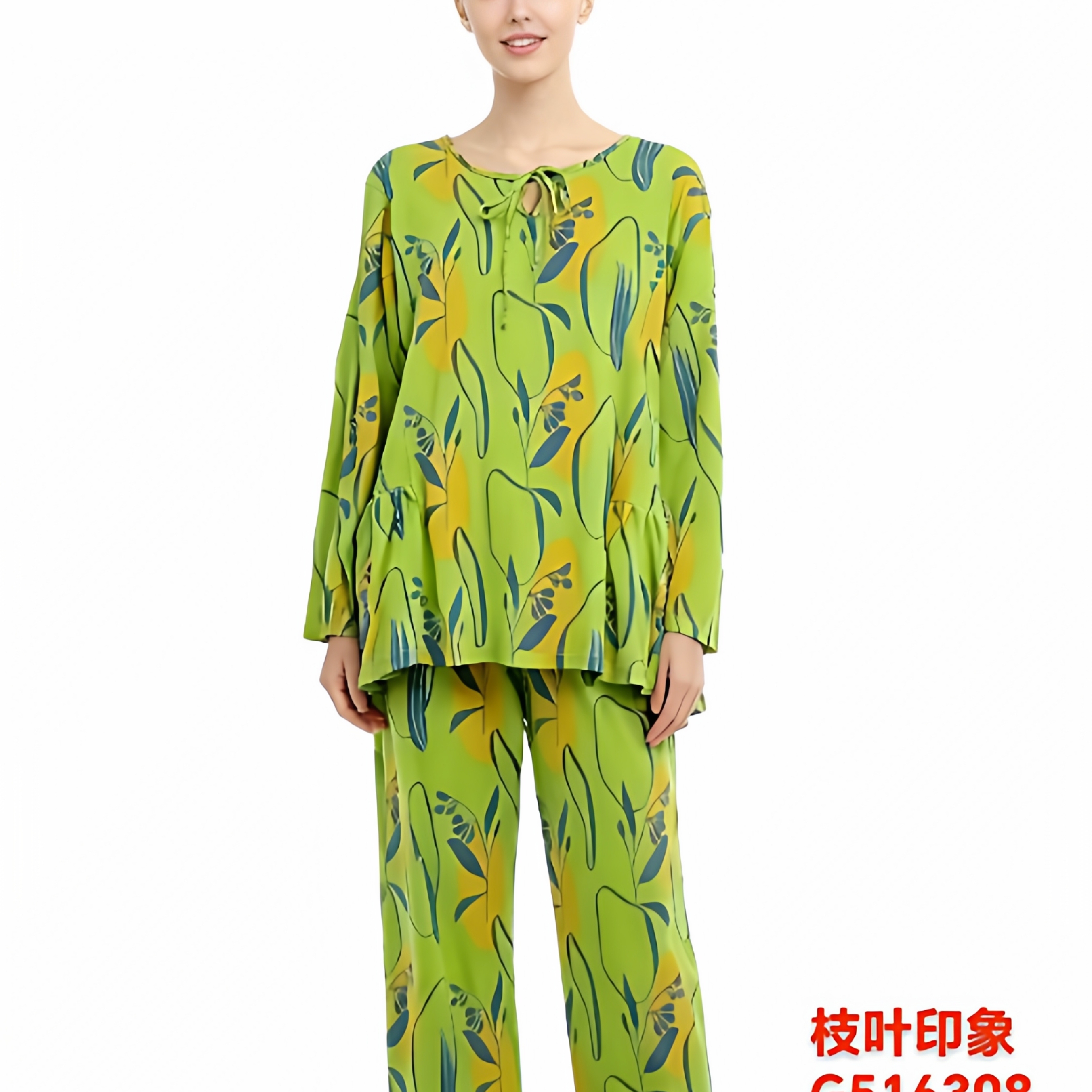 佐雅516308女秋冬100棉针织提花枝叶印记圆领长袖长裤睡衣家居服