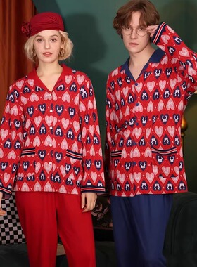 亲亲吾衣415050情侣425060男女纯棉菱格与兔长袖长裤睡衣家居服