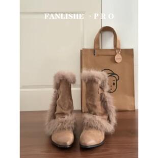羊皮版！韩版毛毛短靴女冬季加绒保暖尖头低跟毛绒靴子雪地中筒靴