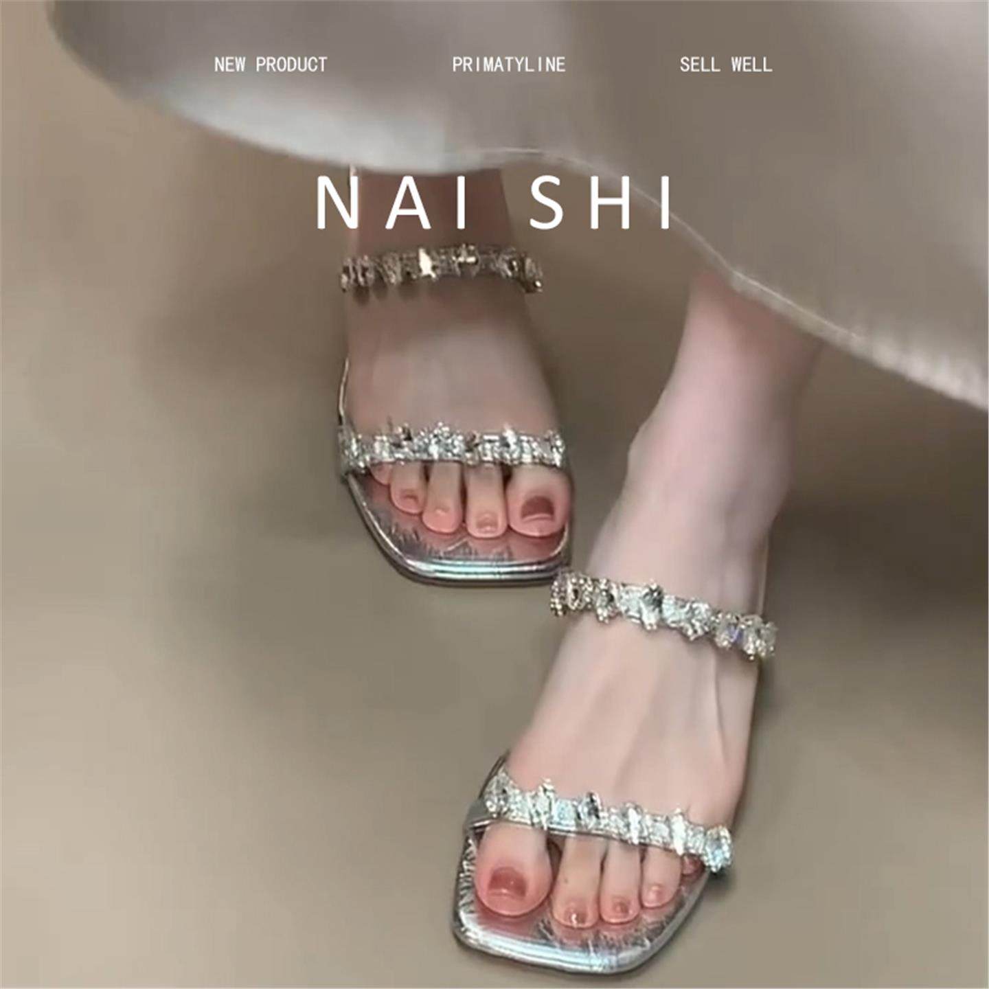 羊皮版！法式绝美水钻方头高跟鞋女2025年新款高级感软底露趾凉鞋,女鞋,一字拖,淘宝优惠券,粉丝福利购,淘宝优惠卷