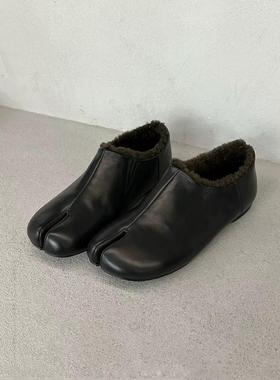 牛皮版~25年新款韩版简约真皮方头猪蹄鞋平底加绒保暖一脚蹬单鞋