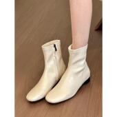 羊皮版 白色圆头粗跟短靴女秋冬侧拉链弹力瘦瘦靴气质低跟马丁靴