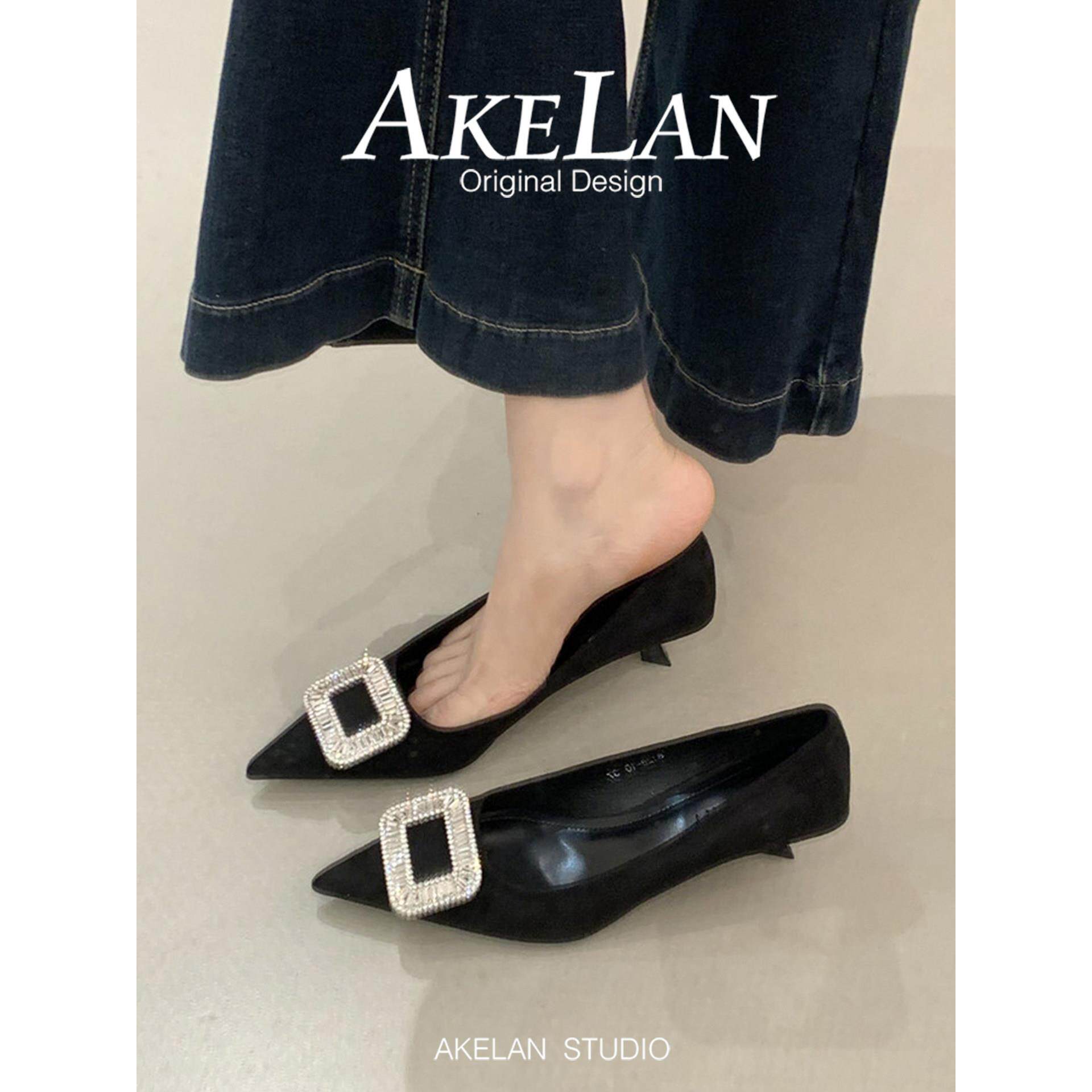 羊皮版~法式黑色通勤尖头浅口单鞋女春秋绒面水钻方扣细跟高跟鞋