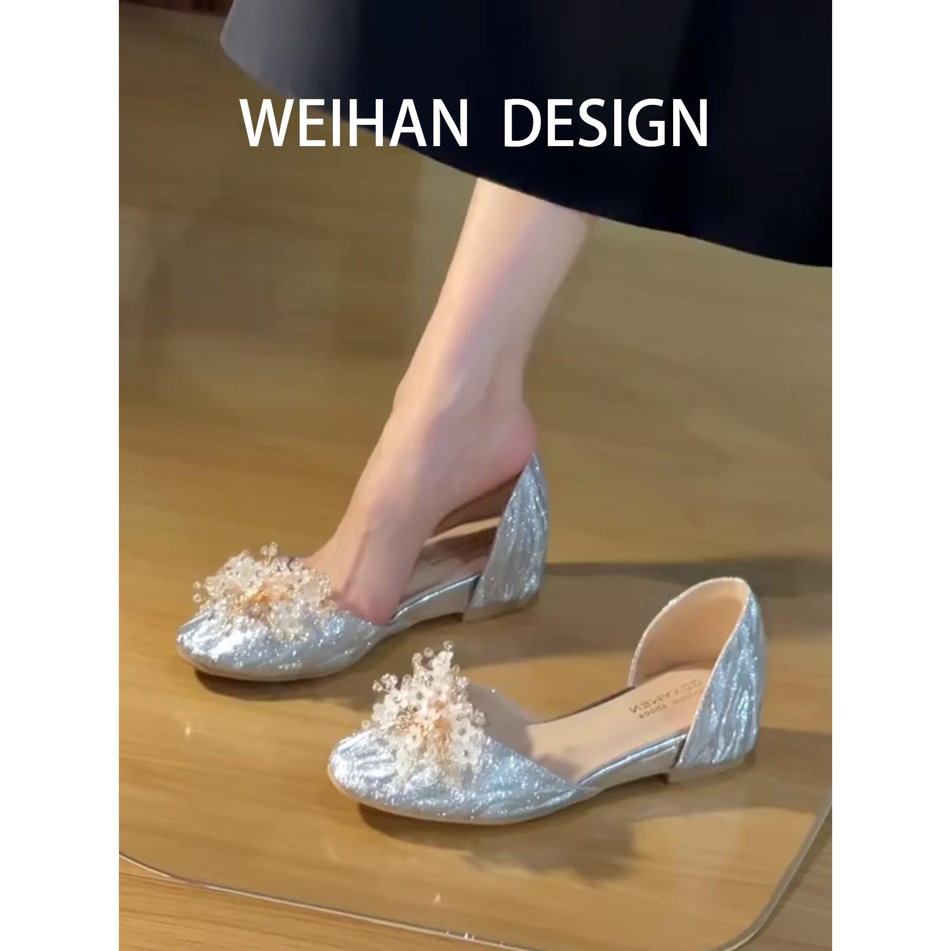 羊皮版!绝美仙女花朵银色单鞋浅口圆头低跟婚鞋公主风内增高凉鞋