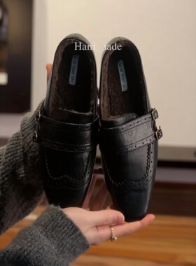 羊毛版~布洛克内增高乐福鞋女2025新款加绒毛毛鞋雕花方头小皮鞋