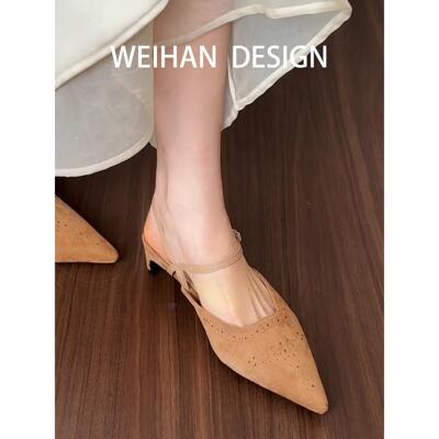 羊皮版！韩式复古尖头低跟包头凉鞋外穿配裙子仙女风浅口后空单鞋