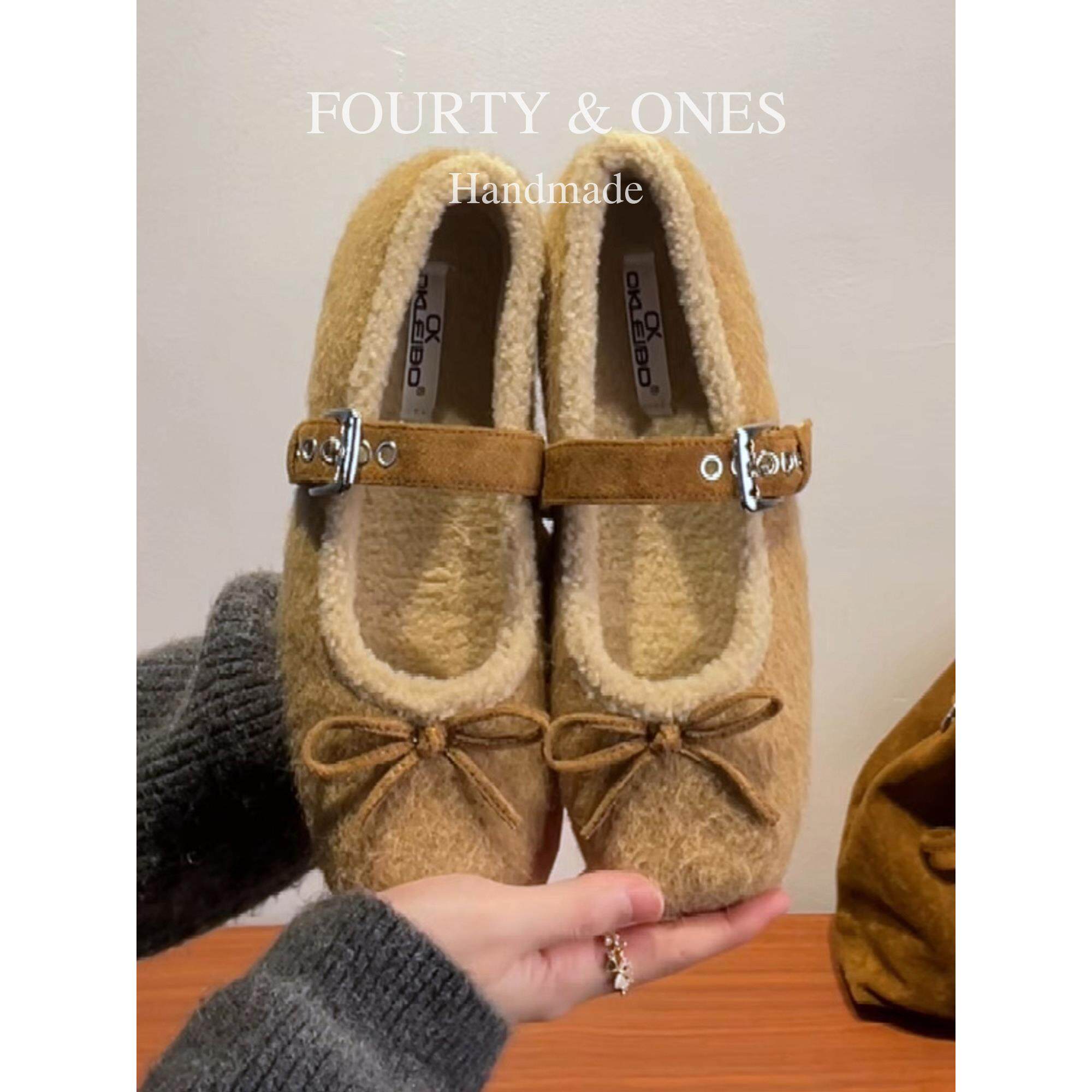 羊毛版~韩式毛毛玛丽珍鞋女蝴蝶结一字扣带芭蕾舞鞋保暖加绒单鞋