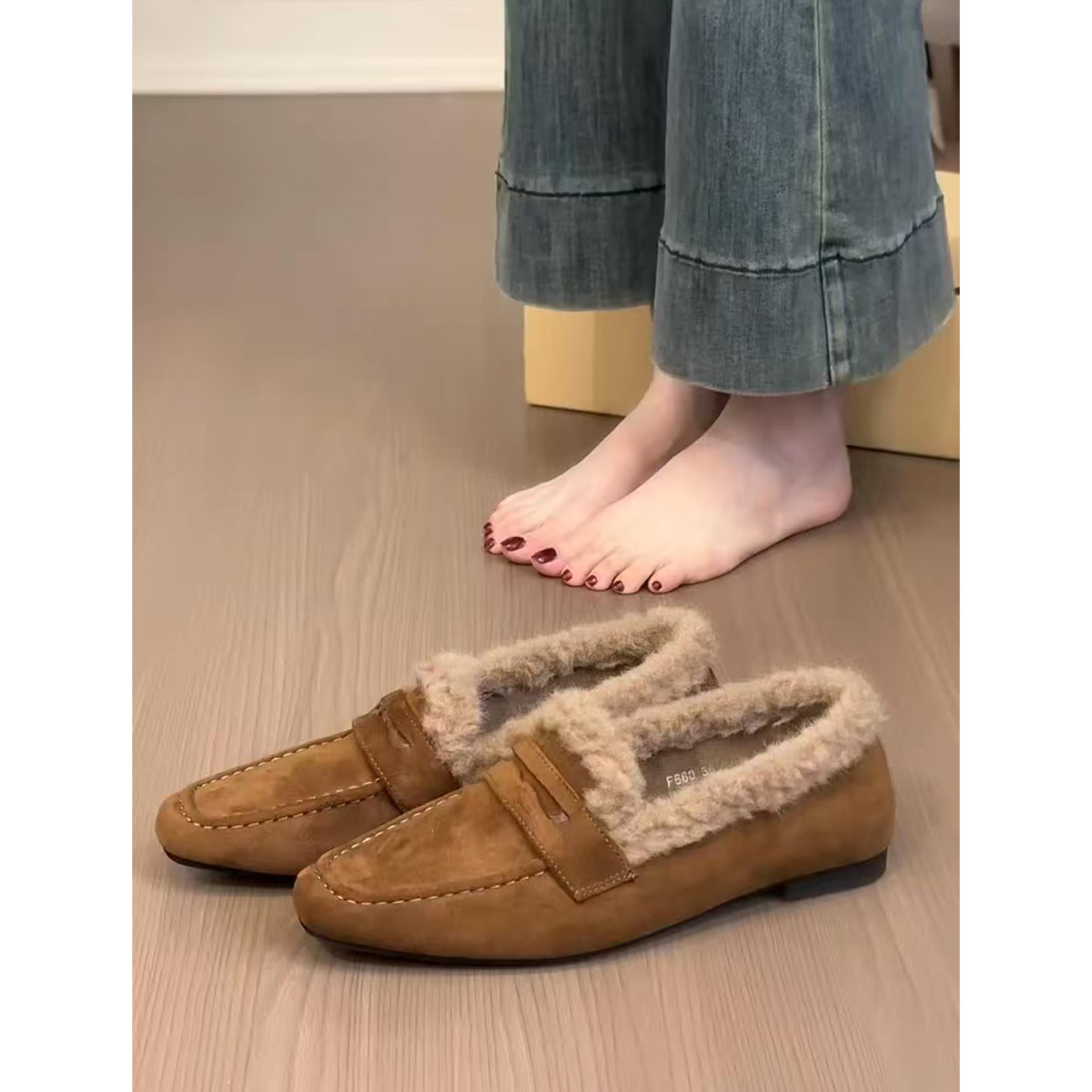 羊皮版~英伦复古一字带加绒保暖豆豆鞋通勤舒适方头平底玛丽珍鞋