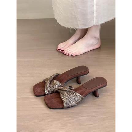 羊皮版~复古气质编织一字带凉拖鞋女夏外穿露趾方头法式粗跟凉鞋