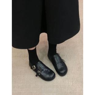 女复古皮带扣布洛克平底加绒小皮鞋 恩巴风深口乐福鞋 时尚 羊皮版