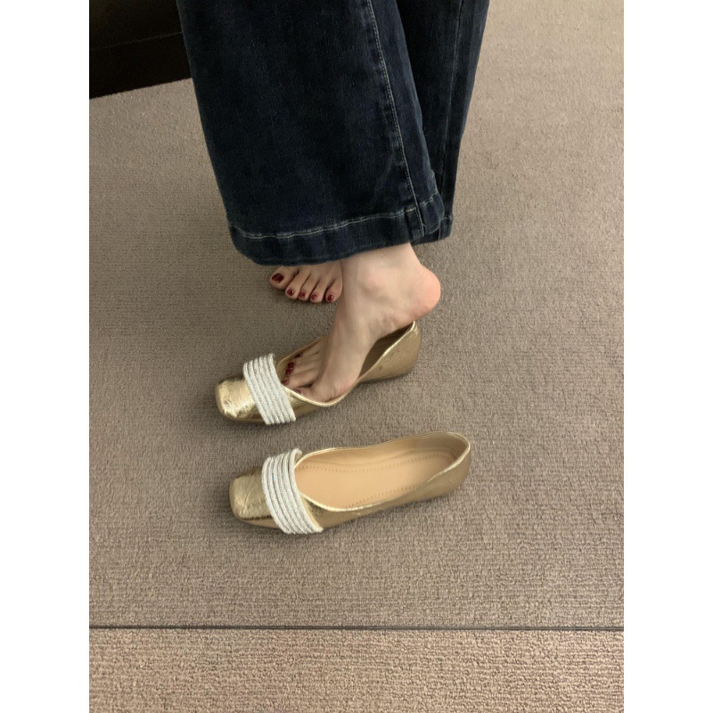羊皮版！法式平底气质水钻黑色单鞋女鞋子软底不累脚通勤瓢鞋