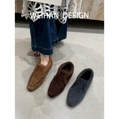 羊皮版~法式内增高加绒保暖毛毛鞋女绒面乐福鞋复古小方头棉单鞋
