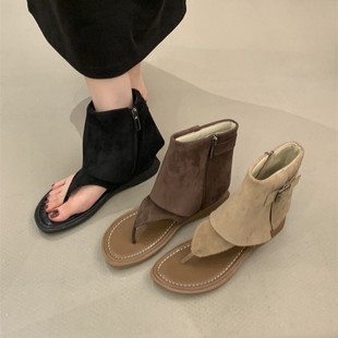 羊皮版！新款高帮凉鞋女套筒凉靴气质时髦平底罗马夹趾人字拖鞋